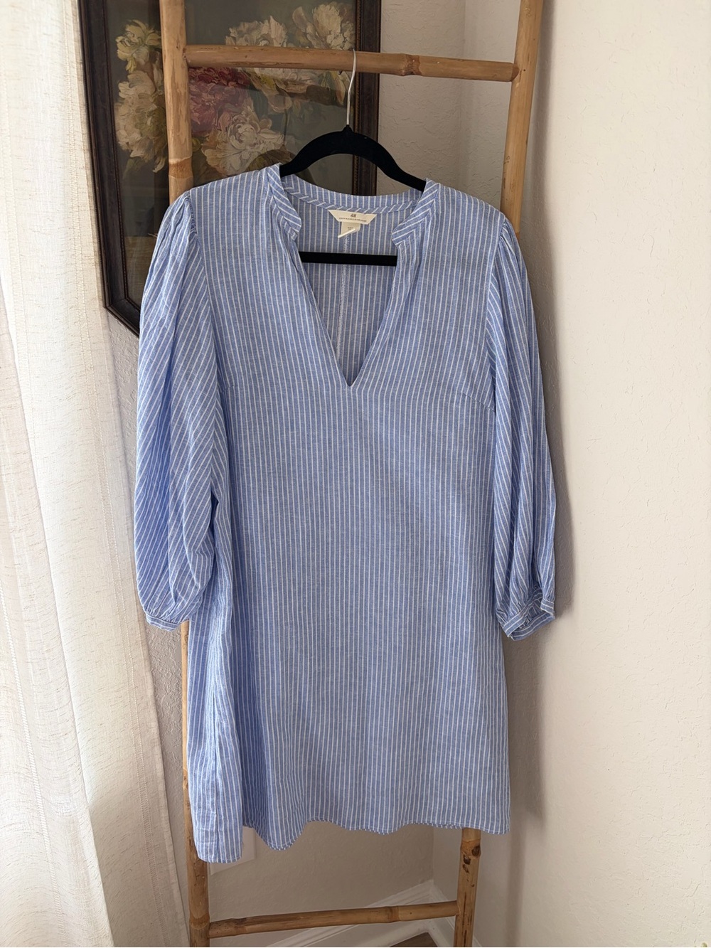 H&M Blue White Striped Linen Blend Dress Sz Small
